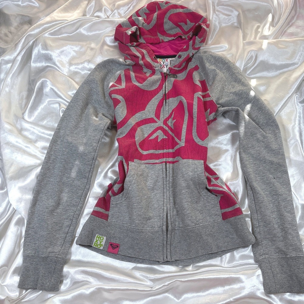 y2k Roxy Hoodie Grey Pink Good Logo Graphic Zip Up Sweatshirt